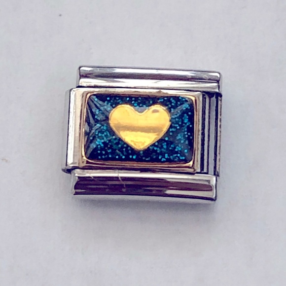 personalinks Jewelry - gold heart with glittery blue background charm link for Italian charm bracelet